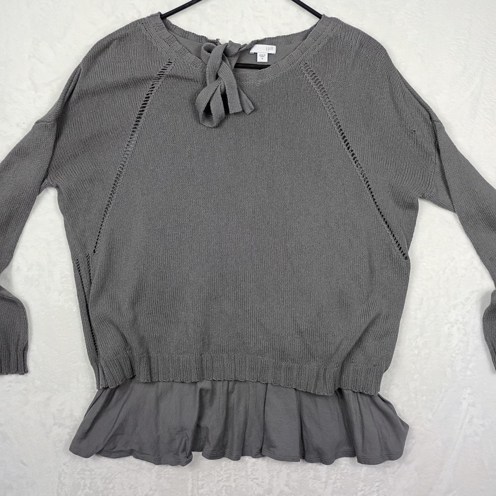 J. Jill Grey Layered Ruffle Hem Tie Neck Pointelle Knit Sweater Womens Medium
